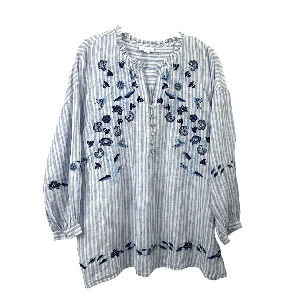 J. Jill 100% linen embroidered floral striped popover shirt top size M blue